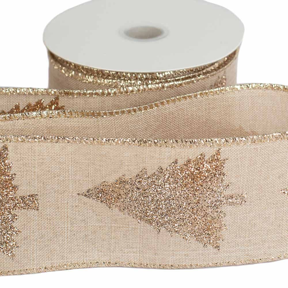 2-1/2" Gold Glittered Christmas Tree Wired Ribbon10yd Spool  for wholesale on Faire0