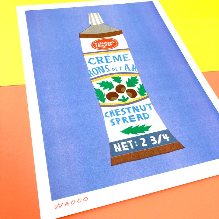 We are out of office - Wholesale Art Print - A 30 x 40 cm risograph print of a tube of chestnut spread2