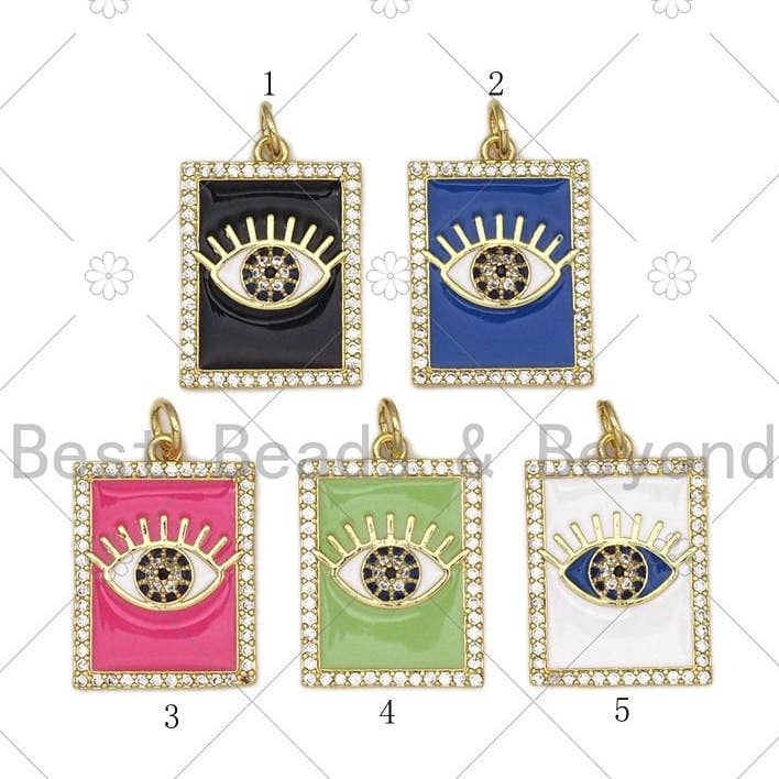 Colorful Enamel Evil Eye On Rectangle Pendant, 18K Gold Filled CZ Micro Pave Charm, Necklace Bracelet Charm Pendant,15x21mm,Sku#Y533 for wholesale by BestBeads&Beyond