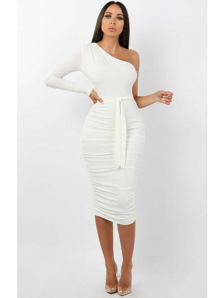 Femme Luxe - Wholesale Dress - Women's - White One Shoulder Ruched Slinky Midi Dress - Savannah