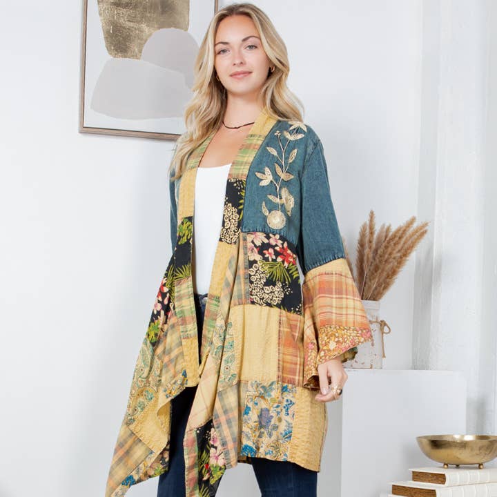 Young Threads - Wholesale Kimono - Women's - Western Boho Chic: Motif Embroidered Denim Long Shrug (NEW)1