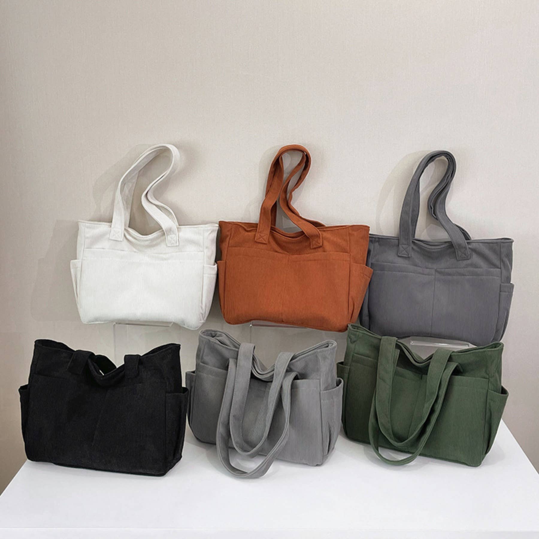 wandf - Wholesale Shoulder Bag - Women's - Casual Solid Color Corduroy Zippered Shoulder Bag Tote30