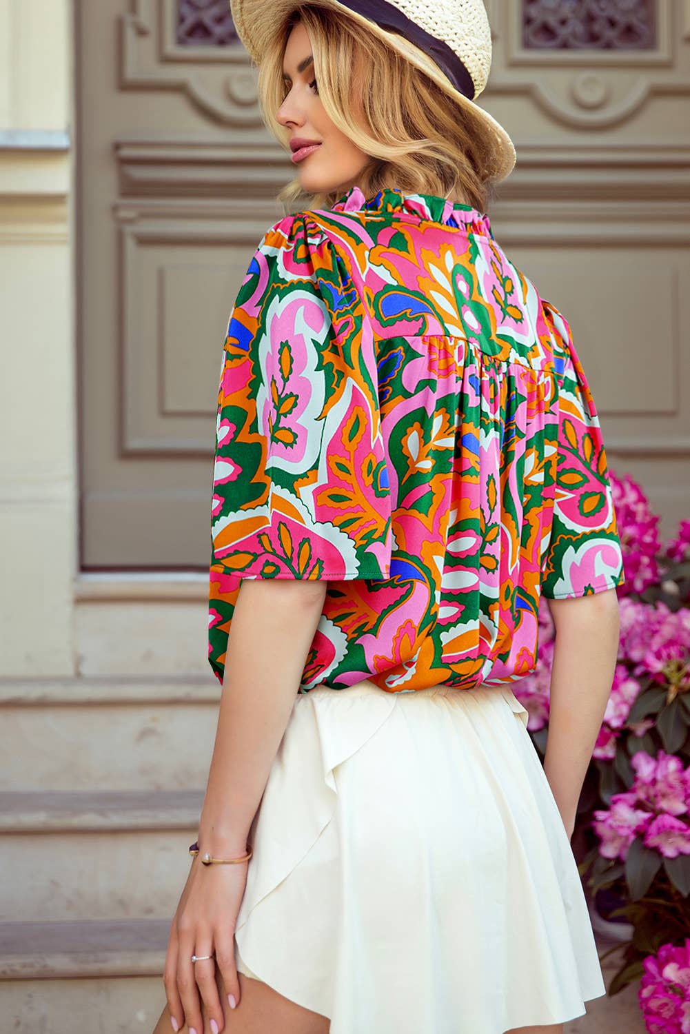 Rose Summer Plant Print Lace up V Neck Puff Short Sleeve Blouse for wholesale on Faire1