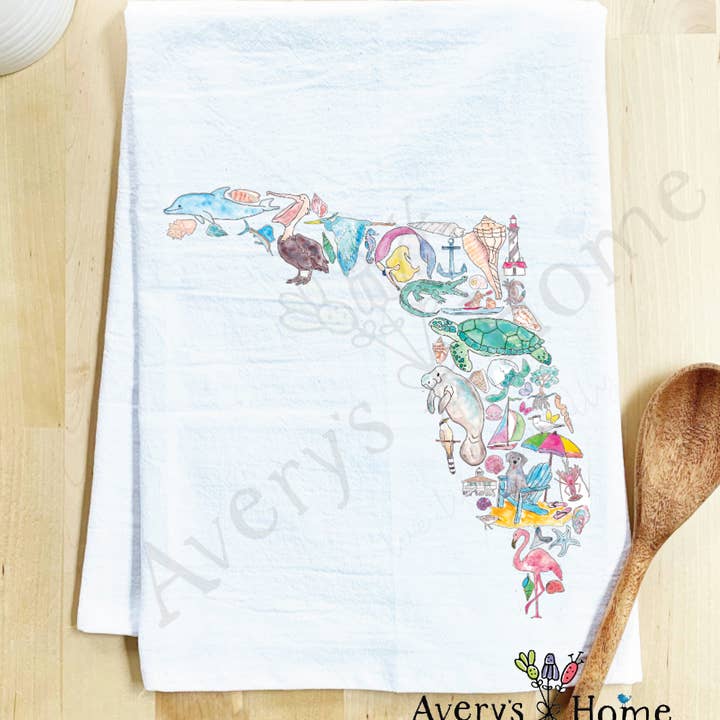 Florida State Icons Ocean Beach Customizable Tea Towel for wholesale by Avery's Home
