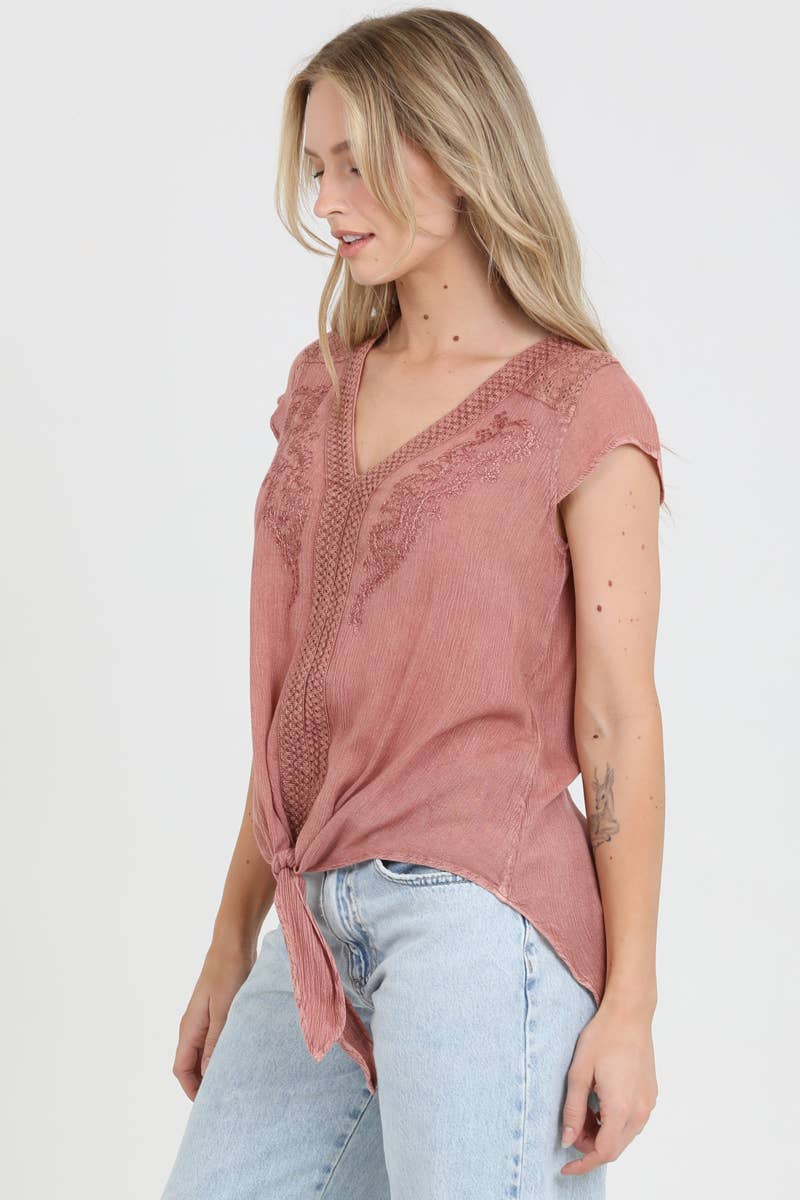 Nostalgia - Wholesale Blouse - Women's - N2U60-ASIS V NECK TIE WAIST TOP WTIH EMBROIDERY AND LACE22