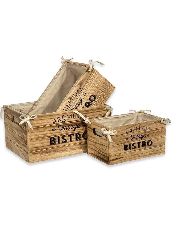 Set of three boxes with VINTAGE BISTROT lining, burnt effect for wholesale by Capra Attilio