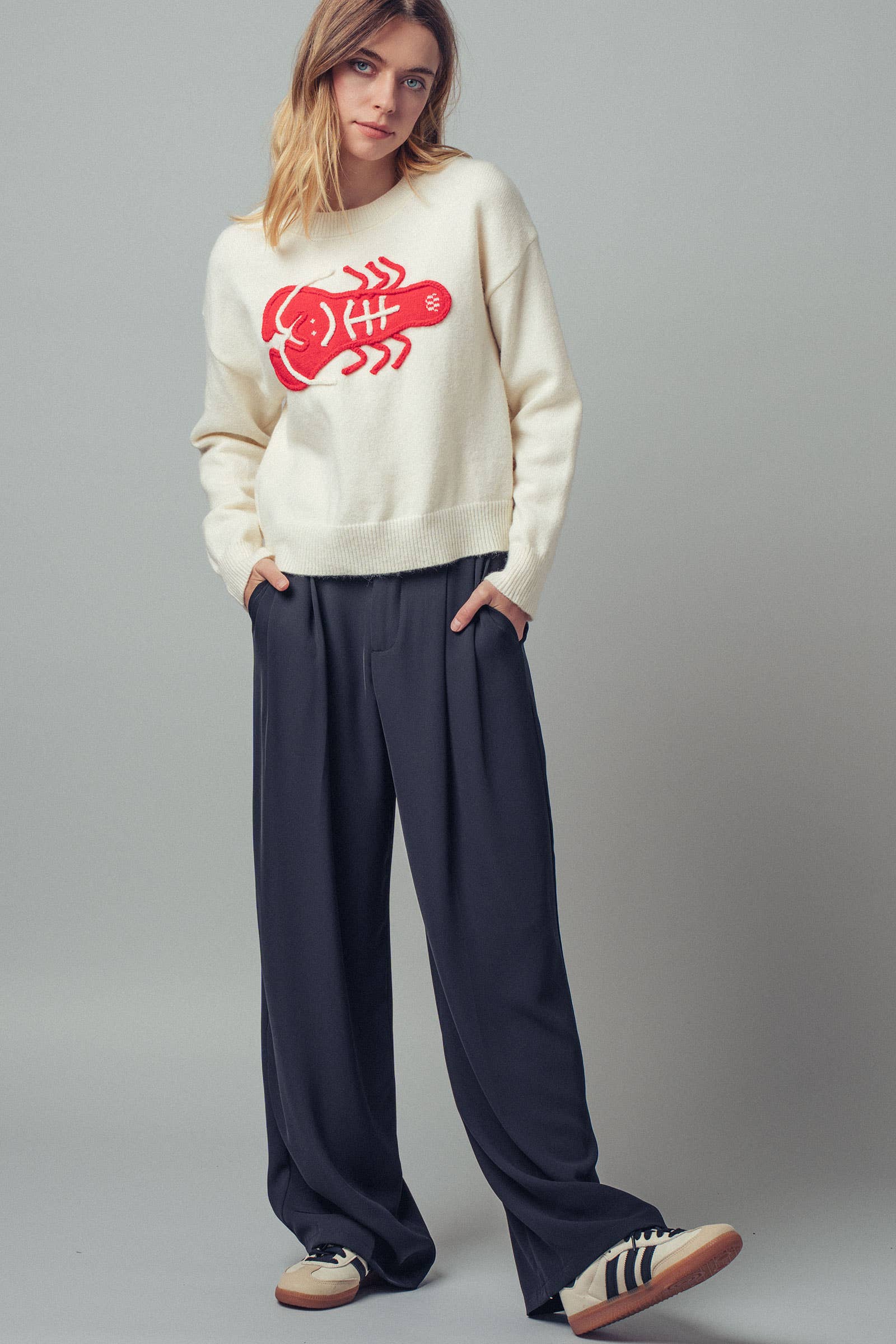 Urban Daizy - Vente Pull en maille – femme - Pull à déclaration nautique avec homard rouge brodé8