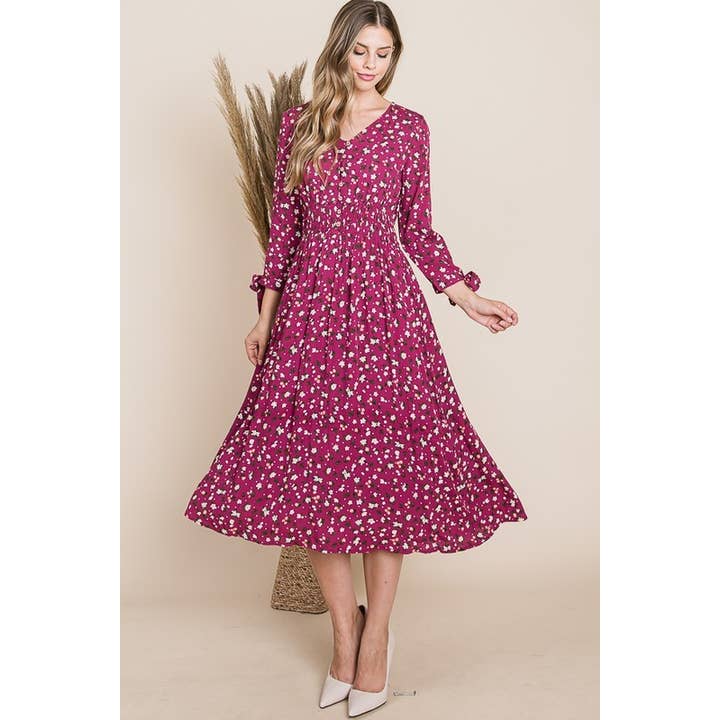 Vestido midi floral de manga 3/4 con botones de madera para venta al por mayor de Reborn J