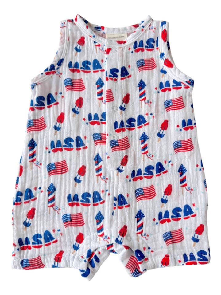 SpearmintLOVE - Wholesale Jumpsuit - Baby - Muslin Shortie Romper, 4th of July