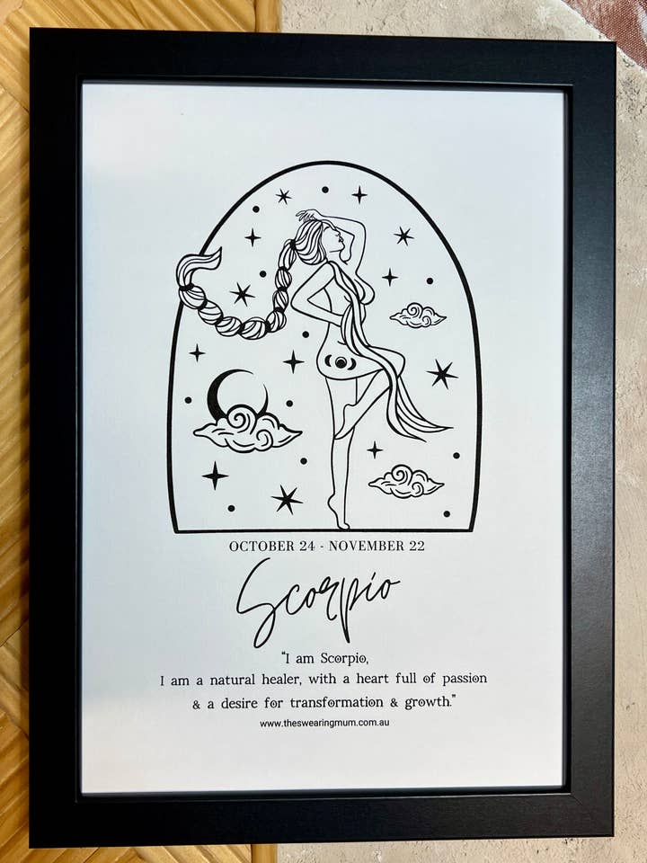 Scorpio Zodiac Framed Art Print - A4 Size in Black or White Frame for wholesale by The Swearing Mum