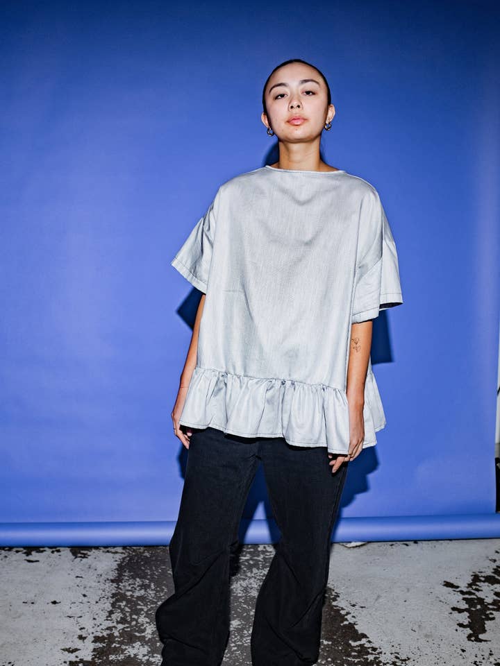 Evan Blouse in Blue + White Stripe for wholesale by et Tigre