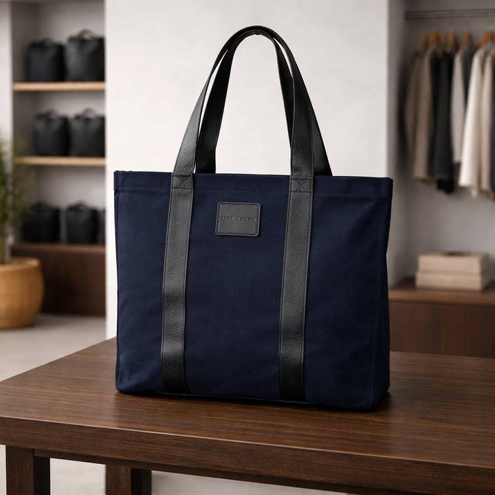 Sac fourre-tout en cuir véritable et toile – Noir & Bleu pour la vente par Alta Quero