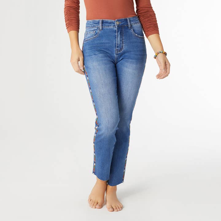 Medium Denim EverStretch Straight Ankle with Multi Colored Stripe for wholesale on Faire