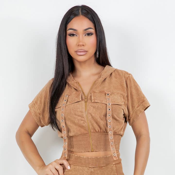 JK8001-B11317 MINERAAL GEWASSEN KATOENEN JAS MET CAPUCHON MET voor wholesale door Uptown Apparel