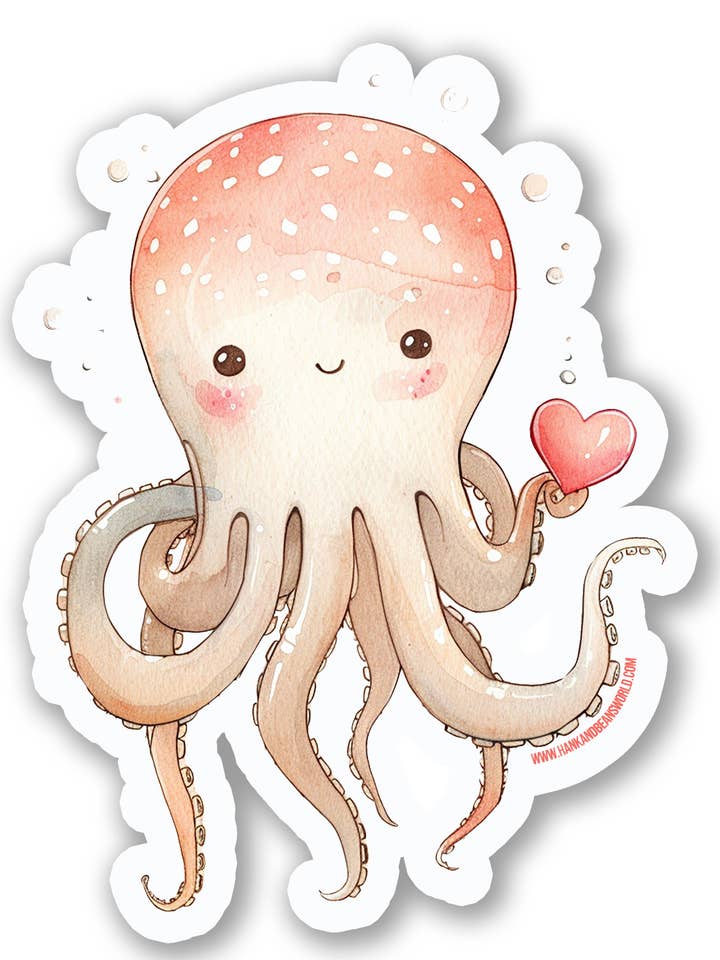 Autocollant en vinyle laminé mat pieuvre rose 3" pour la vente par Hank & Bean