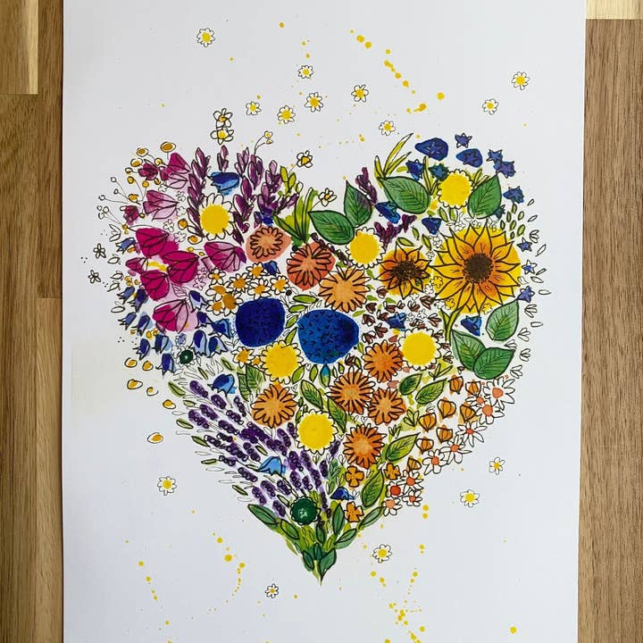 Flowery Heart A4 Prints x5 for wholesale by Badibidu Watercolours
