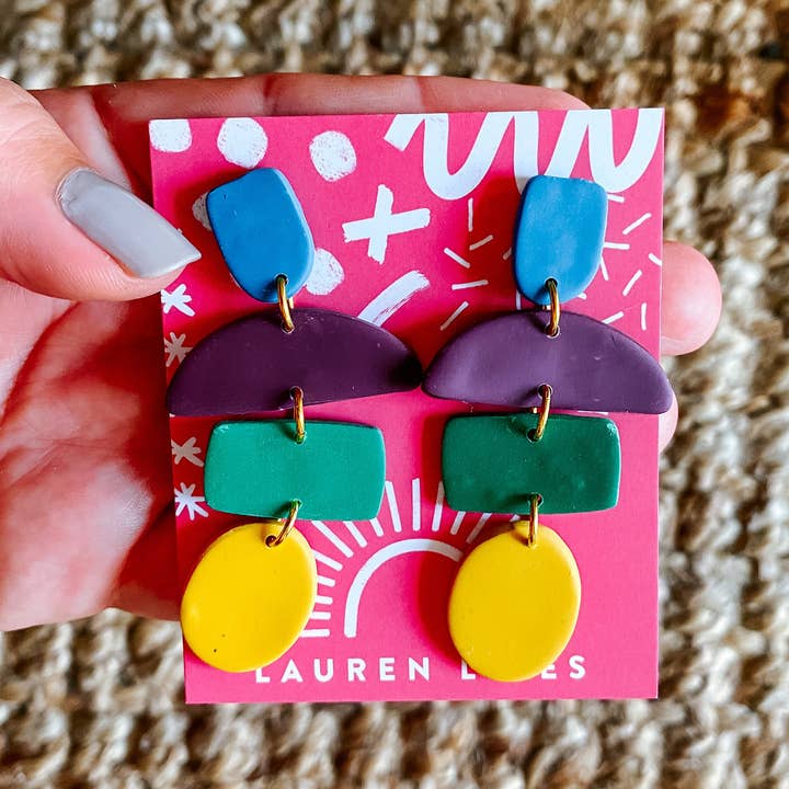 Colori primari, orecchini geometrici, grandi orecchini pendenti, nostalgia anni '90, orecchino in argilla polimerica, portagioie, forma irregolare, regalo per insegnanti per la vendita all'ingrosso da parte di Lauren Likes Art