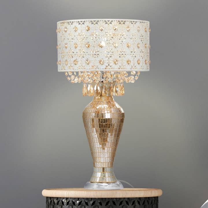 25"H Leo Champagne Table Lamp with Cascading Beads for wholesale by River of Goods