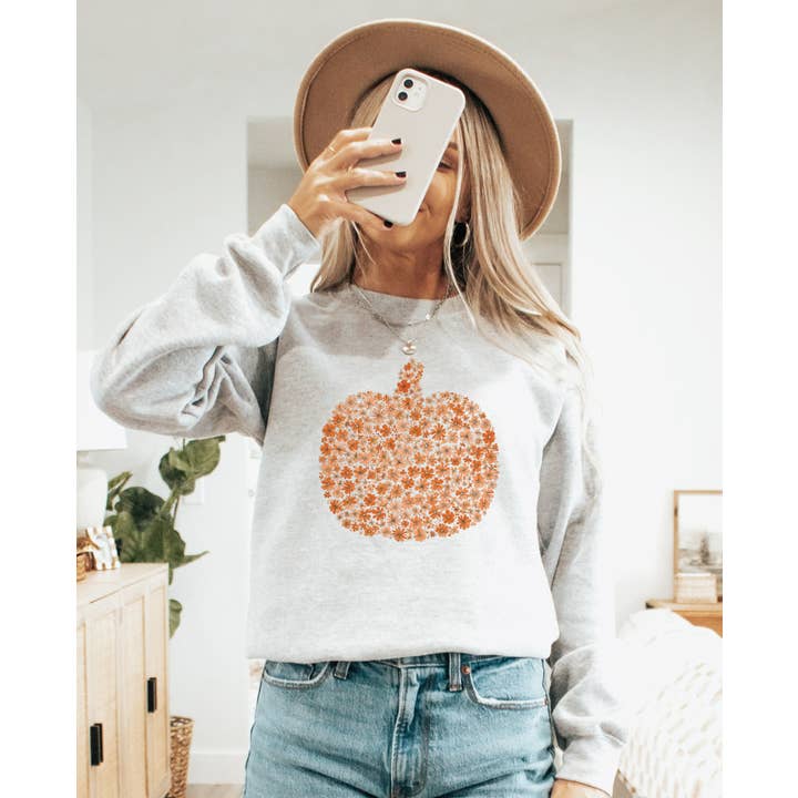 Retro floral Pumpkin Crew Neck Sweatshirt | Trending for wholesale by Amy Anne Apparel Inc