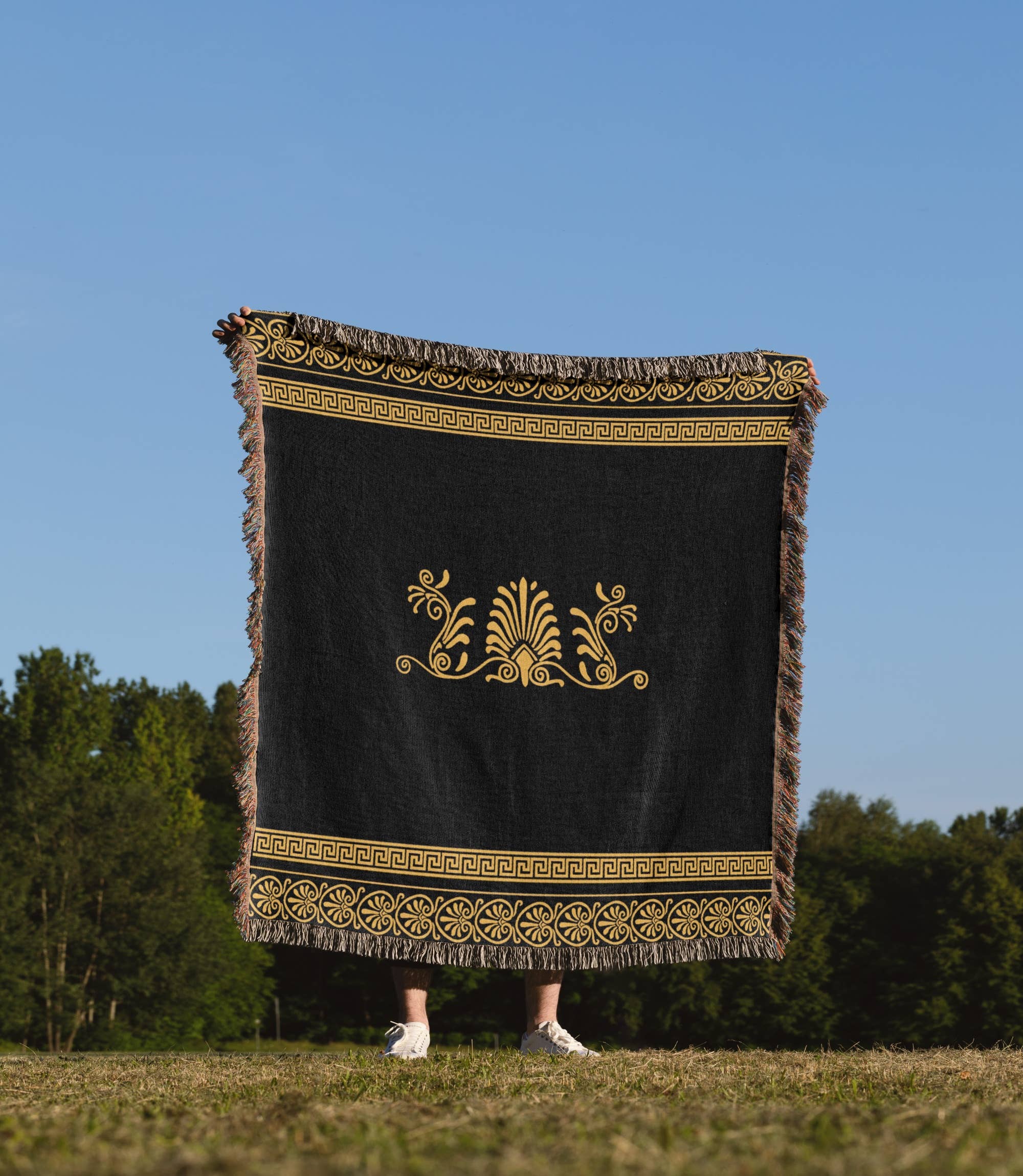 3dRose - Wholesale Throw Blanket - 3dRose, Golden Yellow and Black Ancient Greek Decorative Spirals and Palm Leaves - Classic Grecian Key, Blanket1