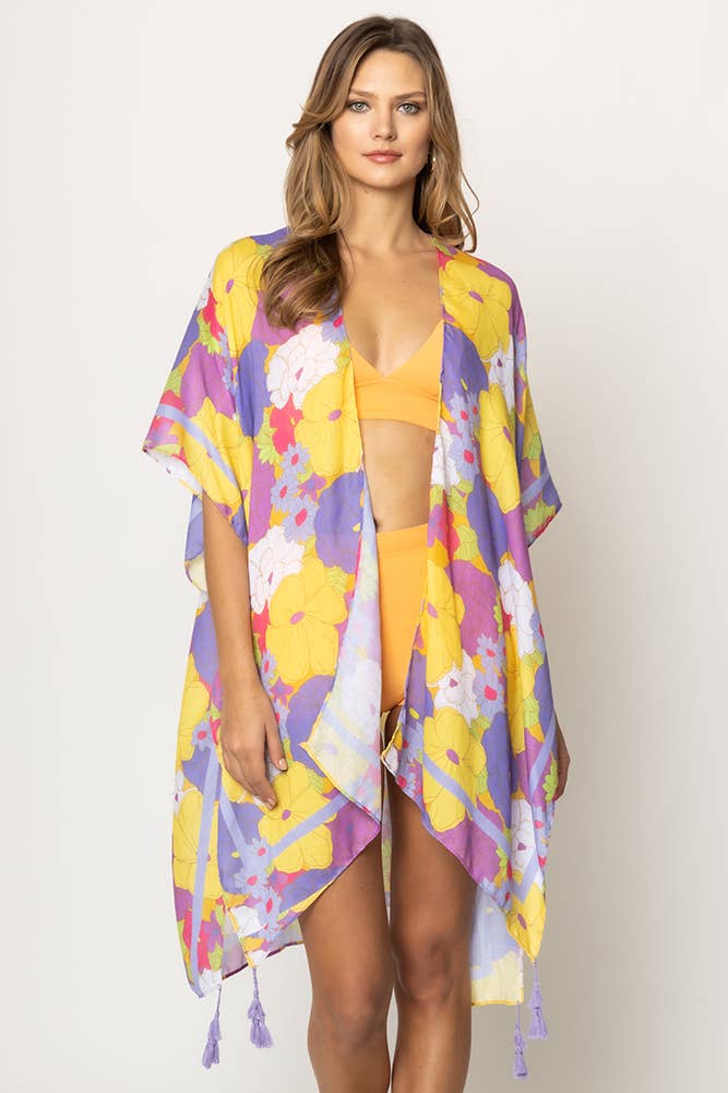 Hana - Vente Cache-maillot – femme - Couvre-kimono d'été à pompons à imprimé floral