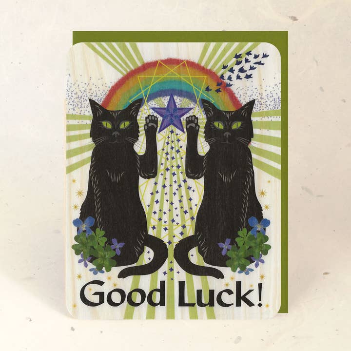Luck Cats Wood Greeting Card for wholesale by Little Gold Fox Designs