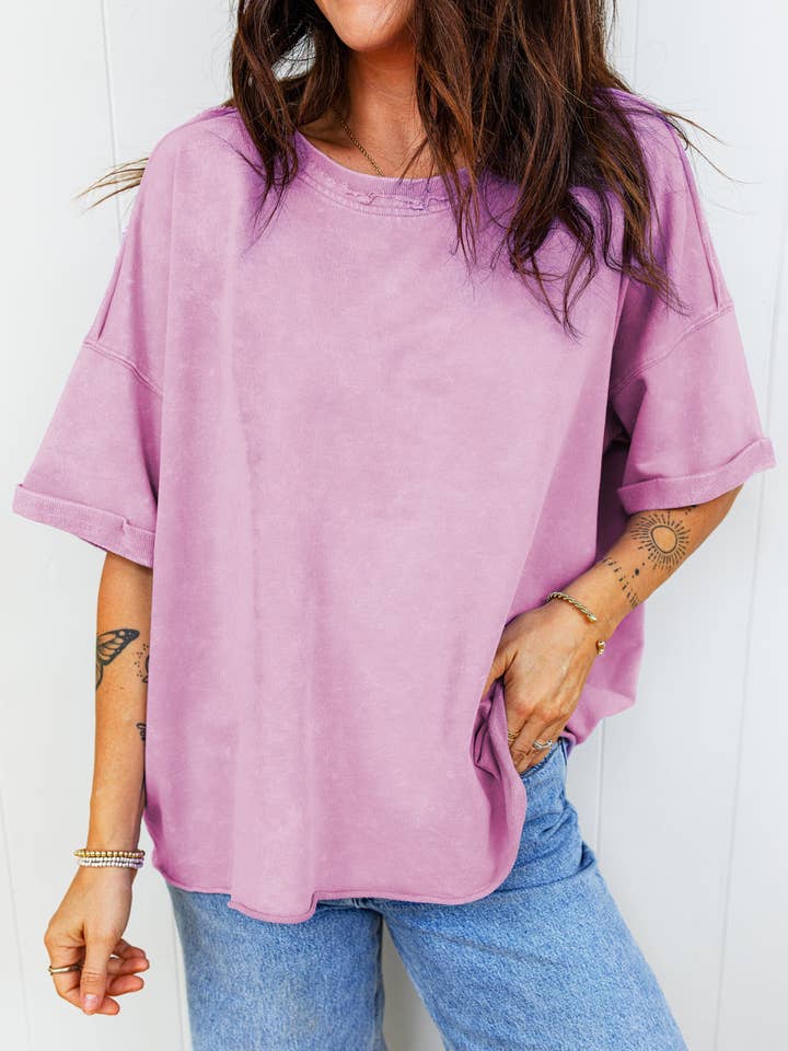 Lavendula Mineral Wash Drop Shoulder Raw Edge Loose Tee for wholesale by Sweet Lover Fashion