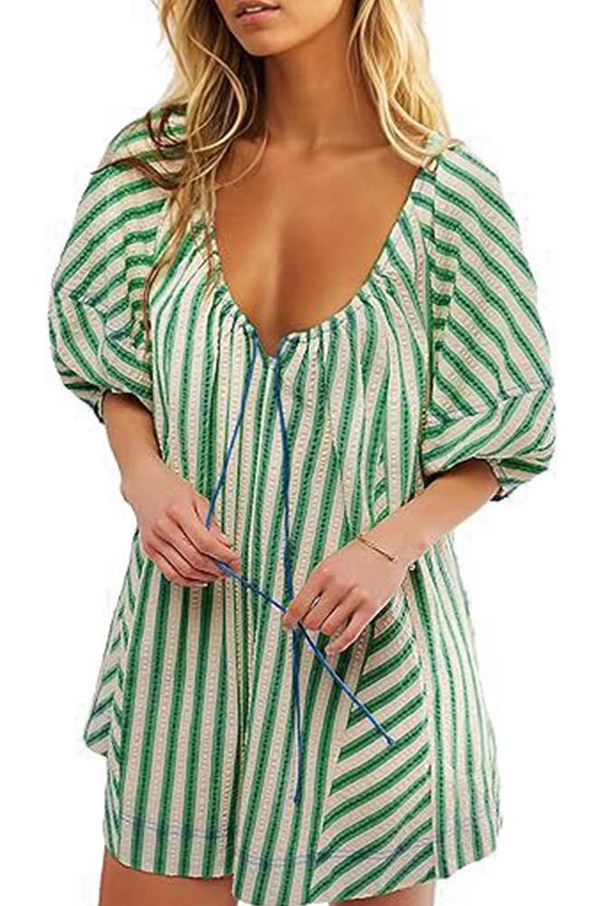 UNISHE - Wholesale Romper - Women's - Striped U Neck Front Tie Loose Romper ZK17012