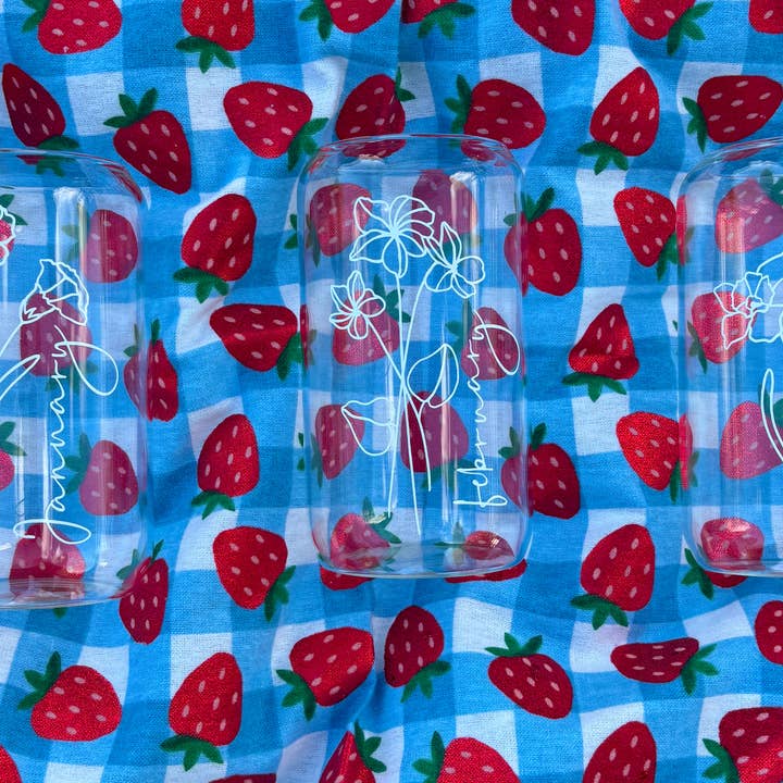 Birth Flower 16oz Glass tumbler with bamboo lid and straw for wholesale by Clarity Goods