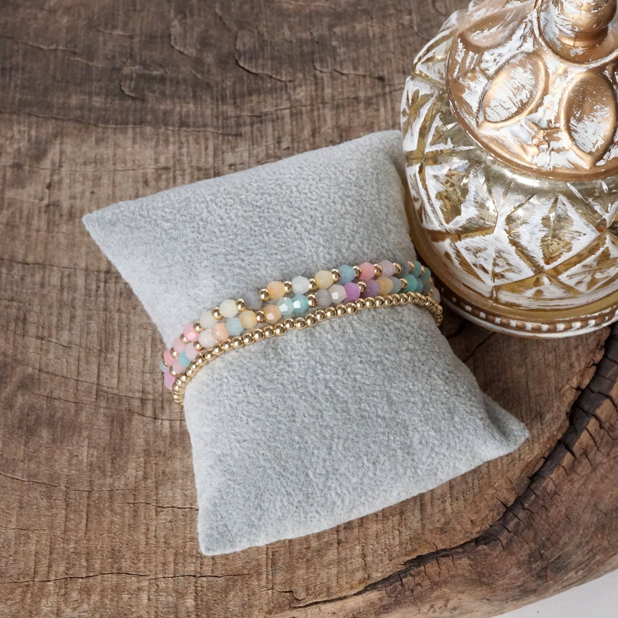 PennyLine inc - Wholesale Beaded Bracelet - Small Gold tone and Glass beads bracelet stack of 3 bracelets - Pink Mint Multi6