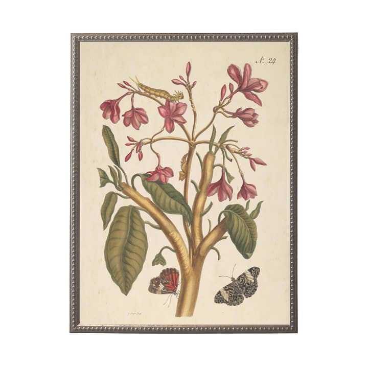 Pink flowers with butterflies on a distressed background for wholesale by Antique Curiosities Inc