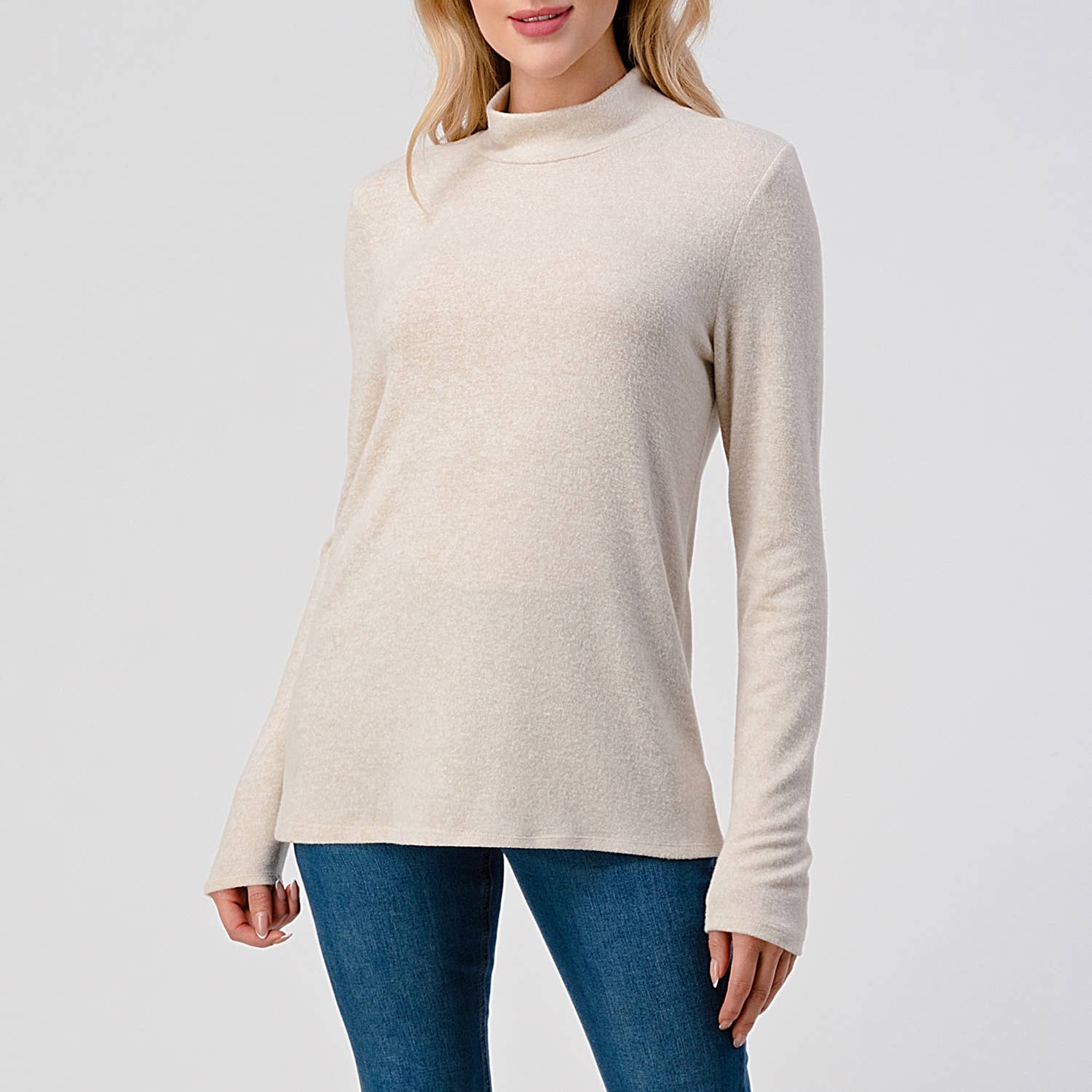 Heimious - Wholesale Knit Top - Women's - Mock Neck L-Sleeve Relaxed Fit Brushed Knit Top, T54816