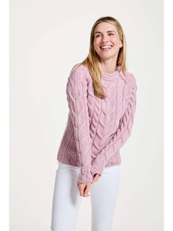 Aran Woollen Mills - Wholesale Knit Sweater - Women's - Listowel Ladies Aran Cabled Sweater - Blush Pink1
