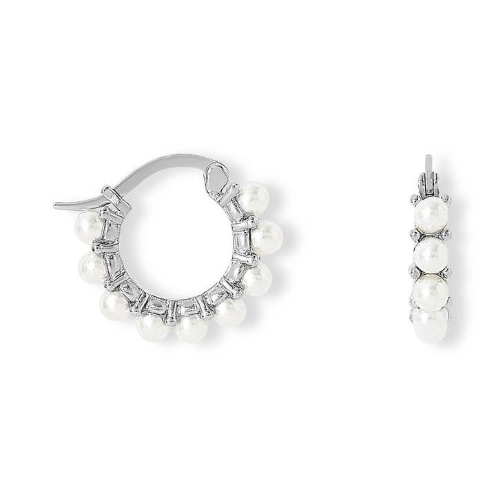 Small silver huggie hoops with mother of pearl beads for wholesale by Pearls of the Orient