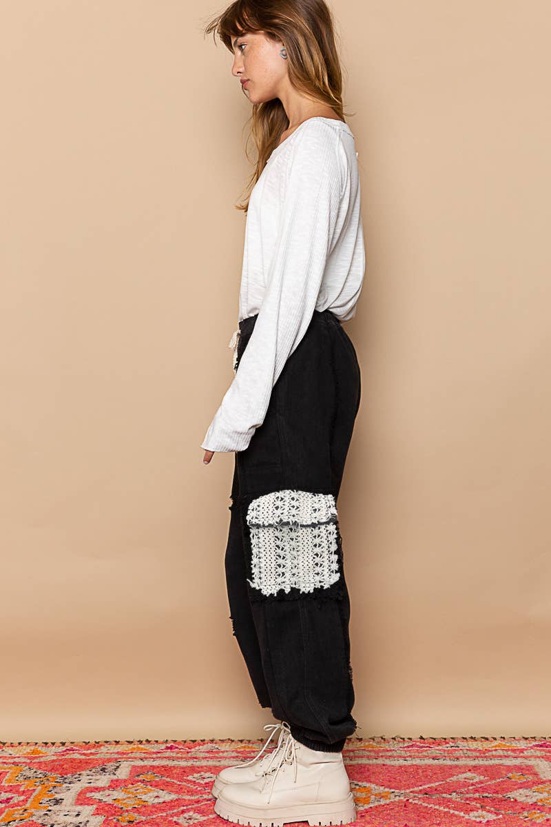 Pol Clothing - Wholesale Jeans - Women's - Tie waistband contrast crochet cargo pockets denim joggers37