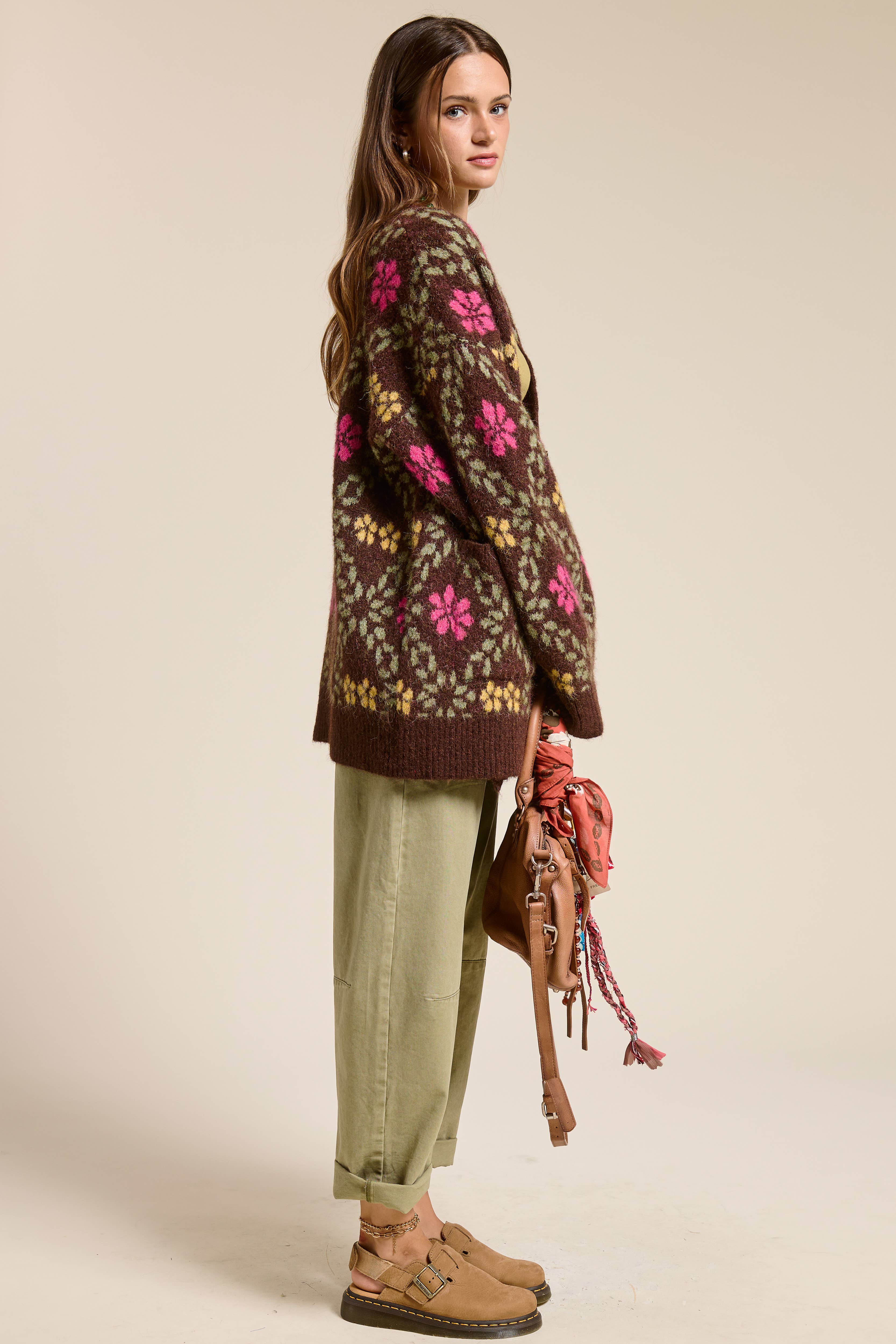 Mimosa - Wholesale Cardigan - Women's - Retro Floral Print Fuzzy Knit Cardigan13