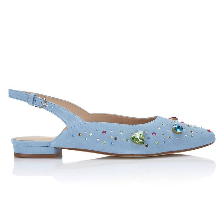 The Moment Flat Slingback - Blue Suede/Multicolour Crystals for wholesale by Nicki Hoyne