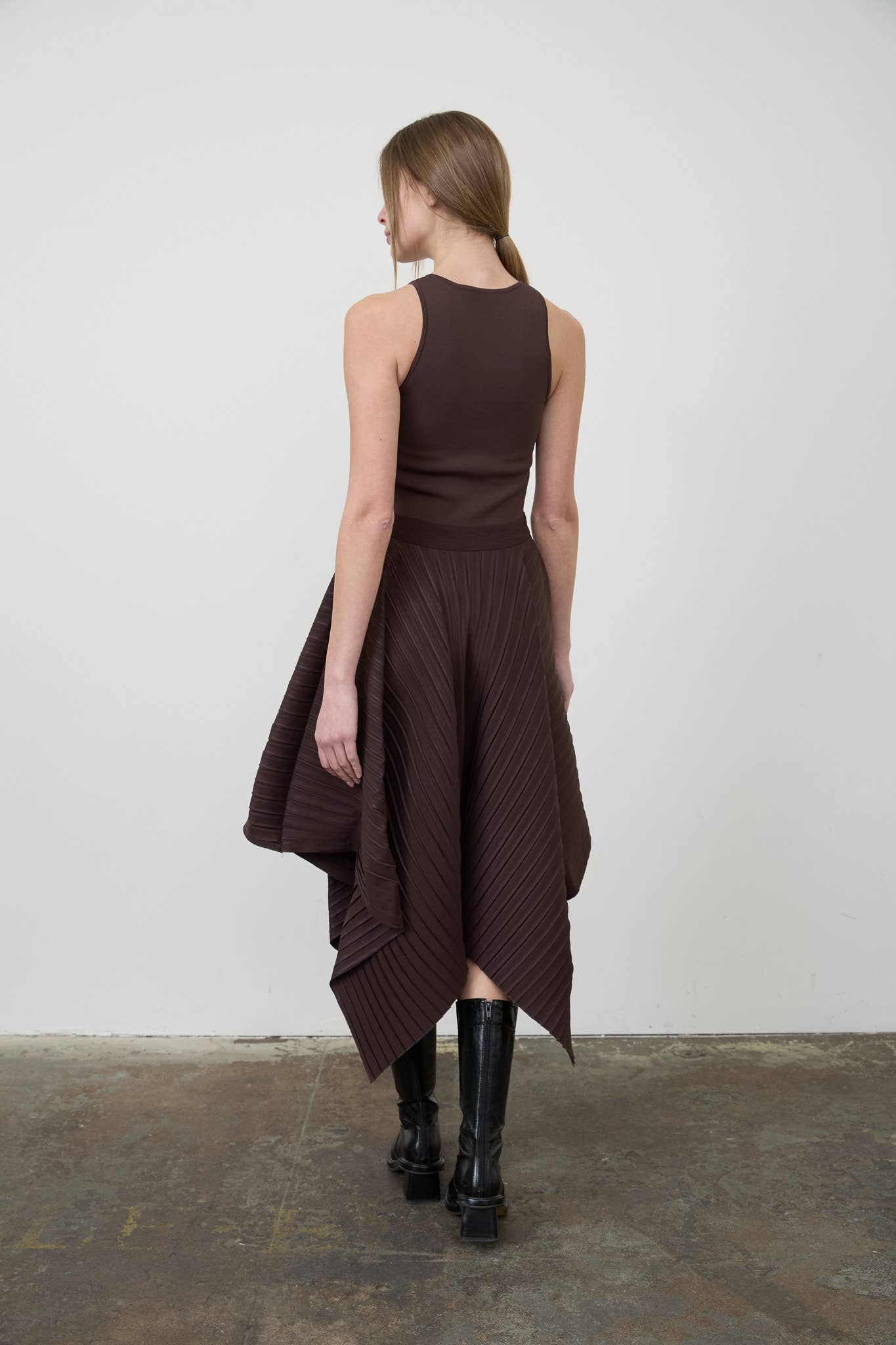 BROWN SLEEVELESS MIXED MEDIA ASYMMETRIC MIDI DRESS for wholesale on Faire1
