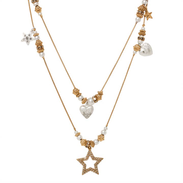 Langlagige Halskette „Hearts and Stars“ aus Gold und Silber für den Großhandel von Bibi Bijoux