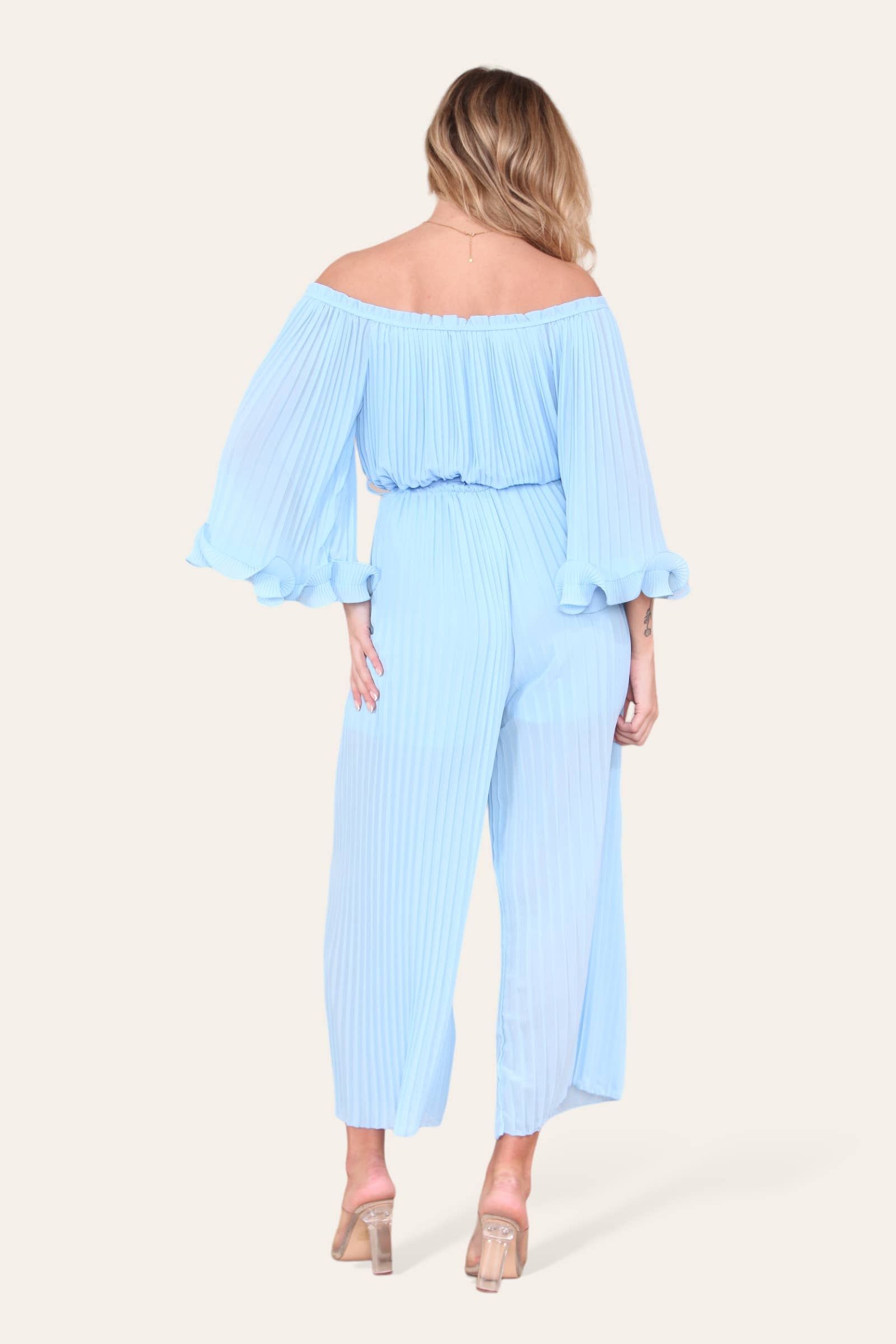 WHITE Sofia Bardot Pleated Frill Jumpsuit for wholesale on Faire27