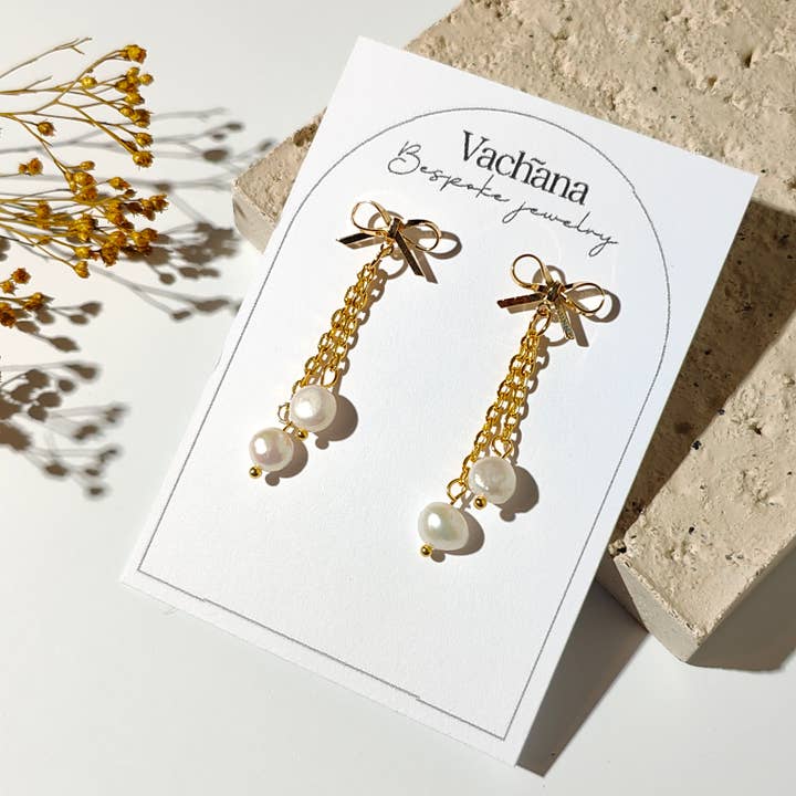 Dangle Pearls with Bowknot Studs for wholesale by Vachana