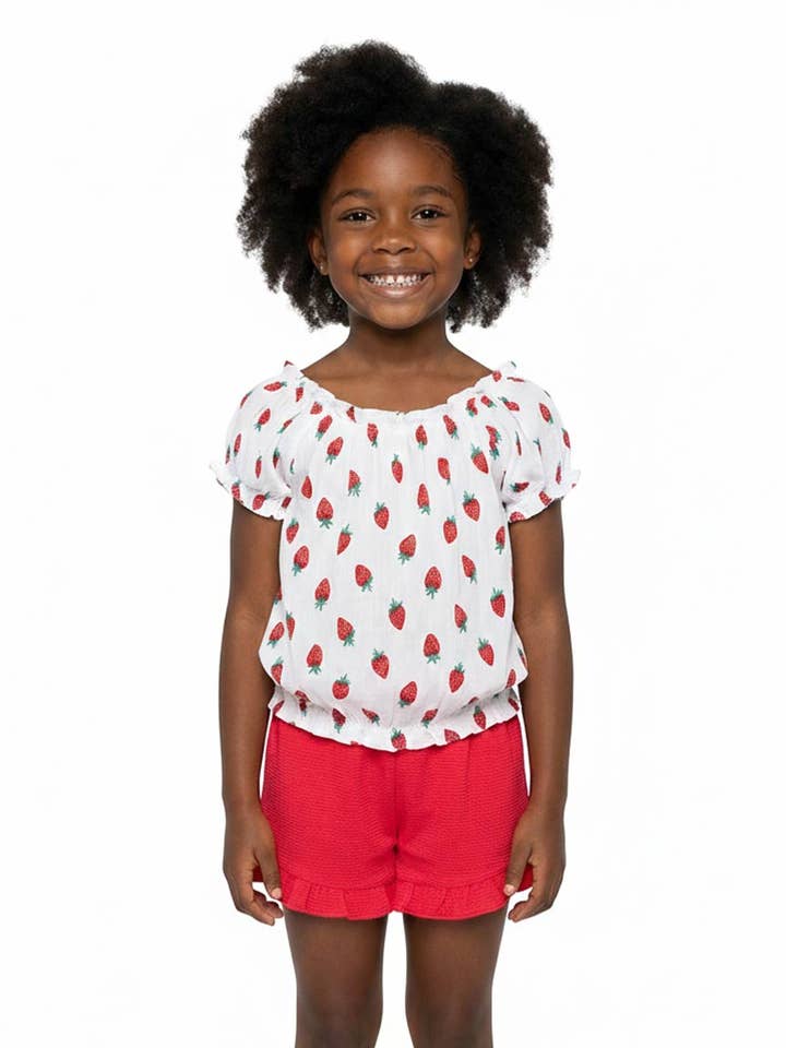 Flickors rosa topp och shorts med jordgubbstryck och volang - 2852201 för wholesale av Hemworld