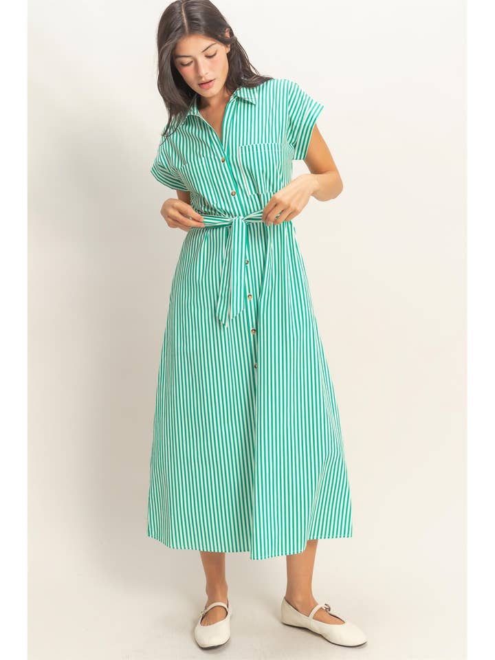 Striped Poplin Belted Shirt Dress With Pockets for wholesale by HYFVE