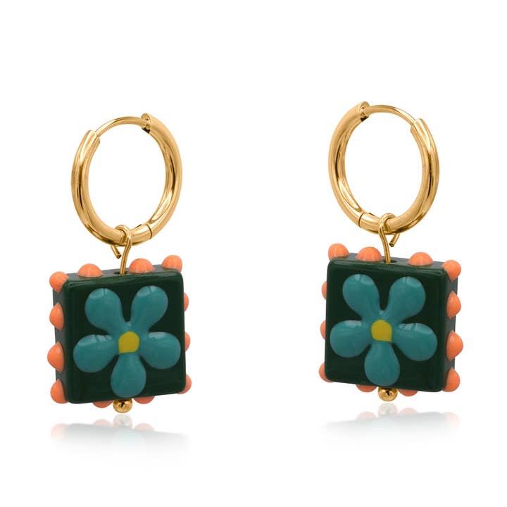 SANTA FE SQUARE FLORAL CHARM EARRINGS for wholesale by Big Metal London
