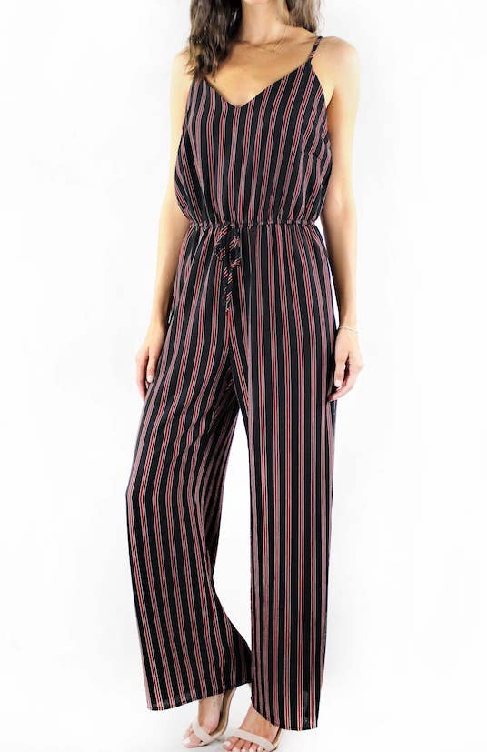 Good Stuff Apparel - Wholesale Jumpsuit - Women's - Women's Strappy Tie Waist Stripes Jumpsuit