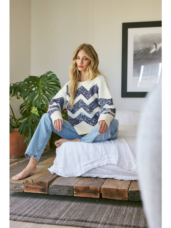 idem ditto - Wholesale Knit Sweater - Women's - TWO TONE CHEVRON SWEATER WITH TRENDY CLEAR SEQUIN
