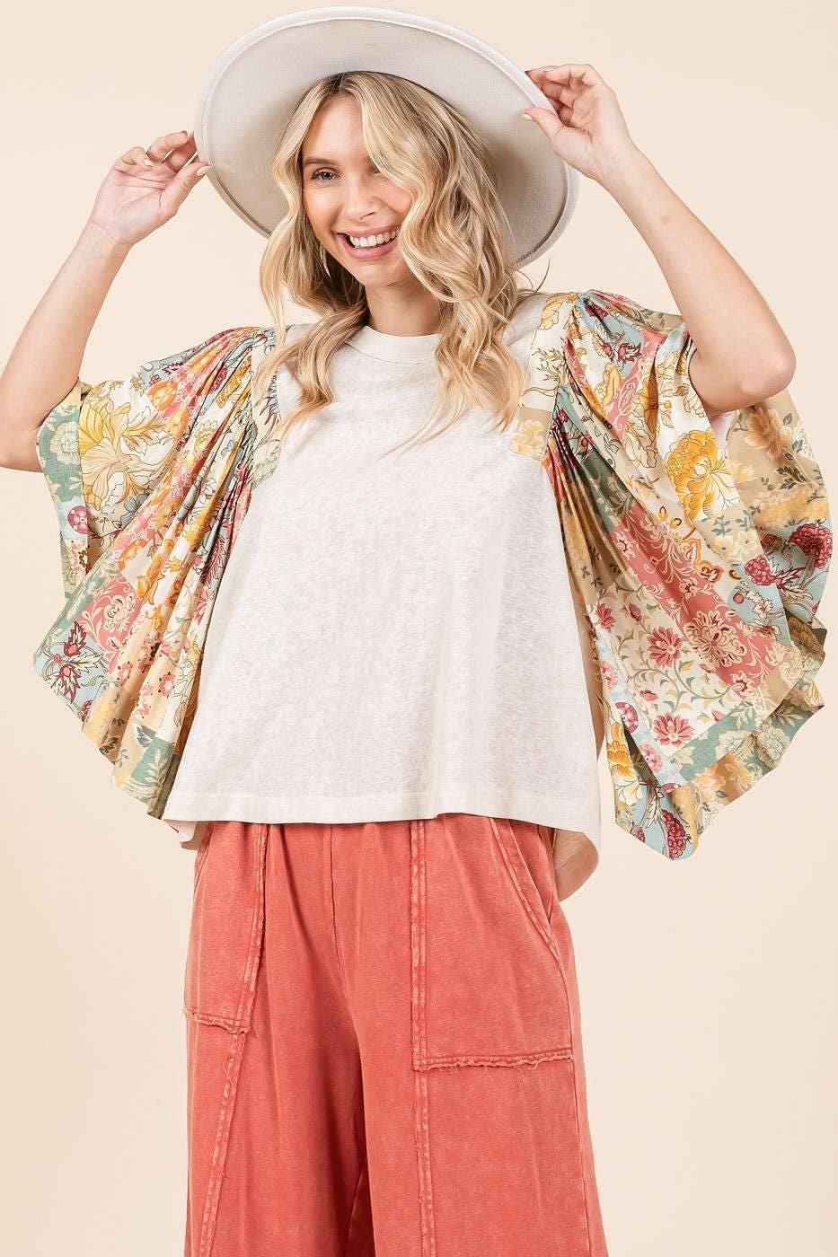 mittoshop - Wholesale Blouse - Women's - FLORAL PATCHWORK PRINT RUFFLE FLUTTER SLEEVE TOP12
