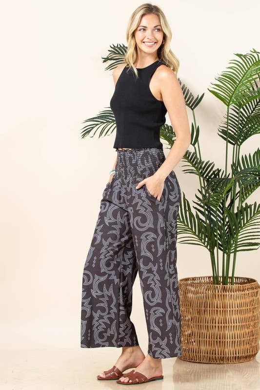 Marron AV1243-PANTALON SMOCK ÉLASTIQUE IMPRIMÉ COUTURE WESTERN ZARA en vente sur Faire3