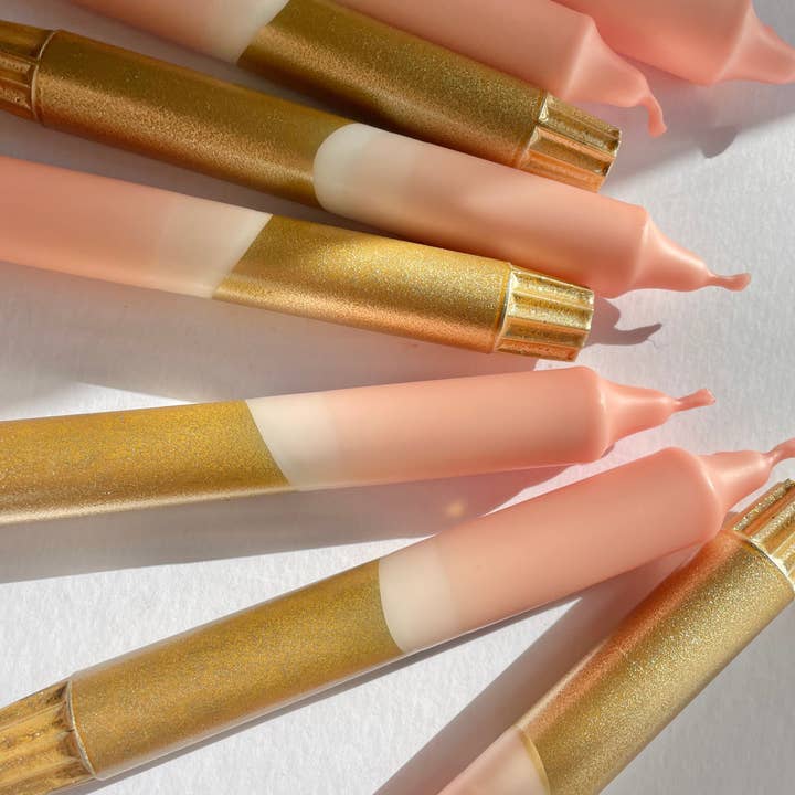Blush Pink & Gold Dip Dyed Dinner Candles for wholesale by The Singing Rabbit