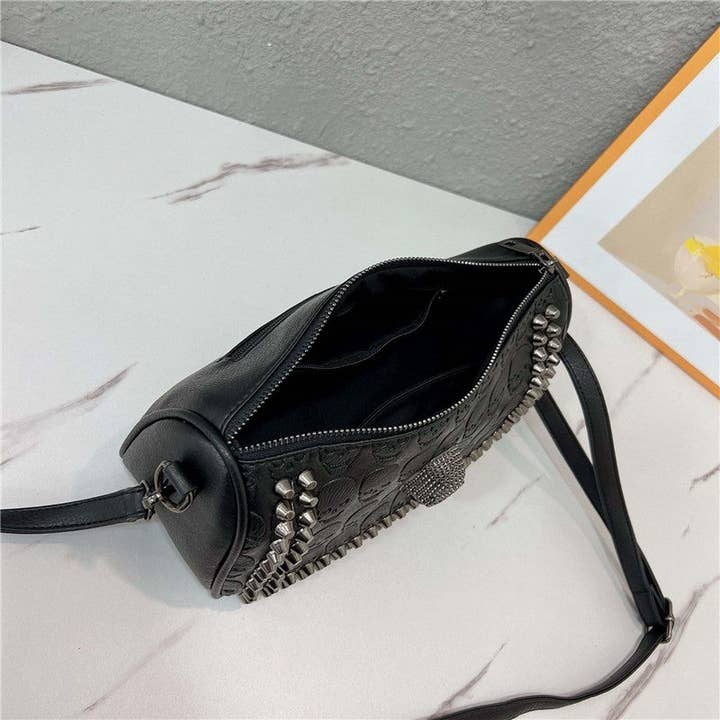 BLACK Embossed Skull Riveted Shoulder Bag for wholesale on Faire2